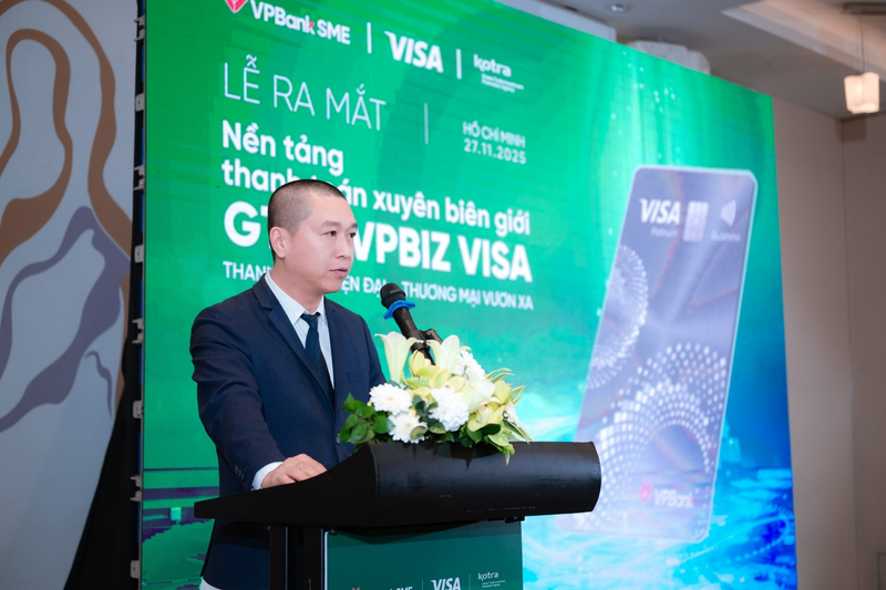 Ông Chử Minh Tuấn - Giám đốc TT Kinh doanh sản phẩm số và Giải pháp thanh toán VPBankSME phát biểu tại sự kiện Lễ ra mắt nền tảng thanh toán xuyên biên giới GTPP