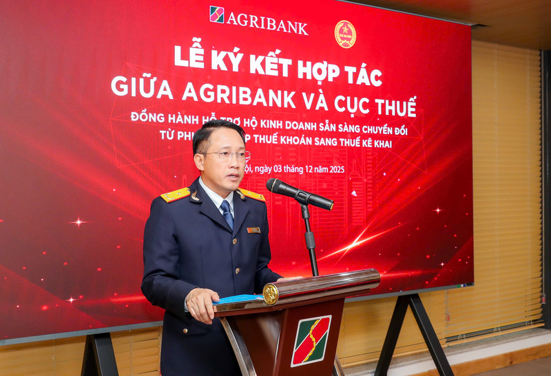 Ông Mai Sơn, Phó Cục trưởng Cục Thuế phát biểu tại lễ ký kết. Ảnh: Phương Liên