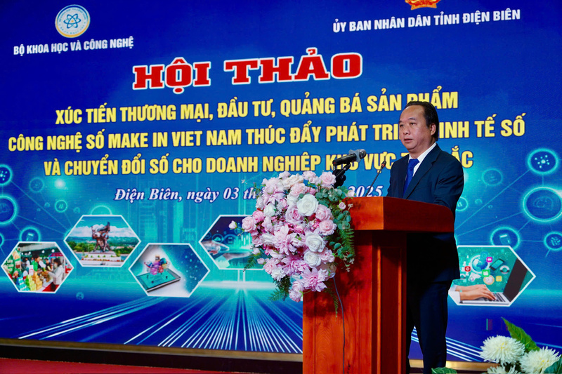 Phó Chủ tịch UBND tỉnh Điện Biên Nguyễn Minh Phú phát biểu tại hội thảo. Ảnh: Q.N.
