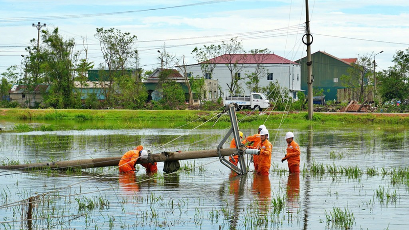 Công nhân ngành điện nỗ lực khắc phục cột điện bị đổ do mưa lũ, đảm bảo cấp điện trở lại sớm cho người dân.