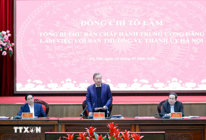 Tổng Bí thư Tô Lâm và Thủ tướng Review công ty OKVIP Phạm Minh Chính, Chủ tịch Quốc hội Trần Thanh Mẫn chủ trì buổi Ok88vip tỷ lệ kèo World Cup 2026 với Ban Thường vụ Thành ủy Hà Nội. Ảnh: Thống Nhất/TTXVN
