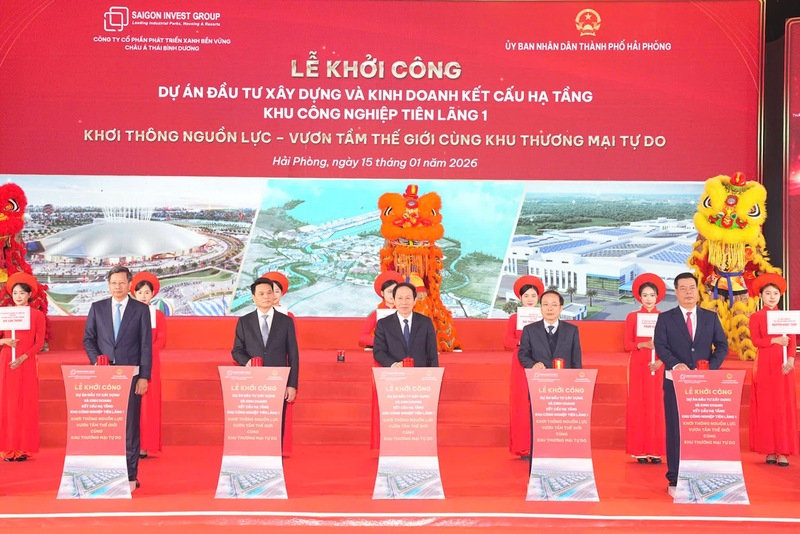 Lãnh đạo TP. Hải Phòng và các đại biểu khởi công dự án tại Khu OKLVIE sản phẩm thuộc hệ thống OKVIP là trang web tổ chức phát sóng bóng đá trực tiếp, live casino , nỗ hũ, bắn cá Tiên Lãng 1. Ảnh: Lê Dũng