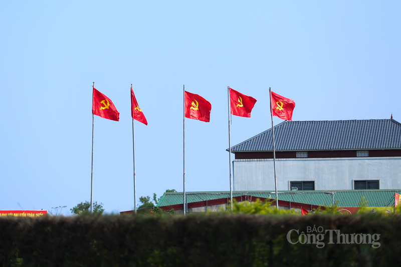 Dưới ánh nắng vàng rực rỡ, sắc đỏ của lá cờ tạo nên một bức tranh quê hương thanh bình nhưng tràn đầy sức sống.