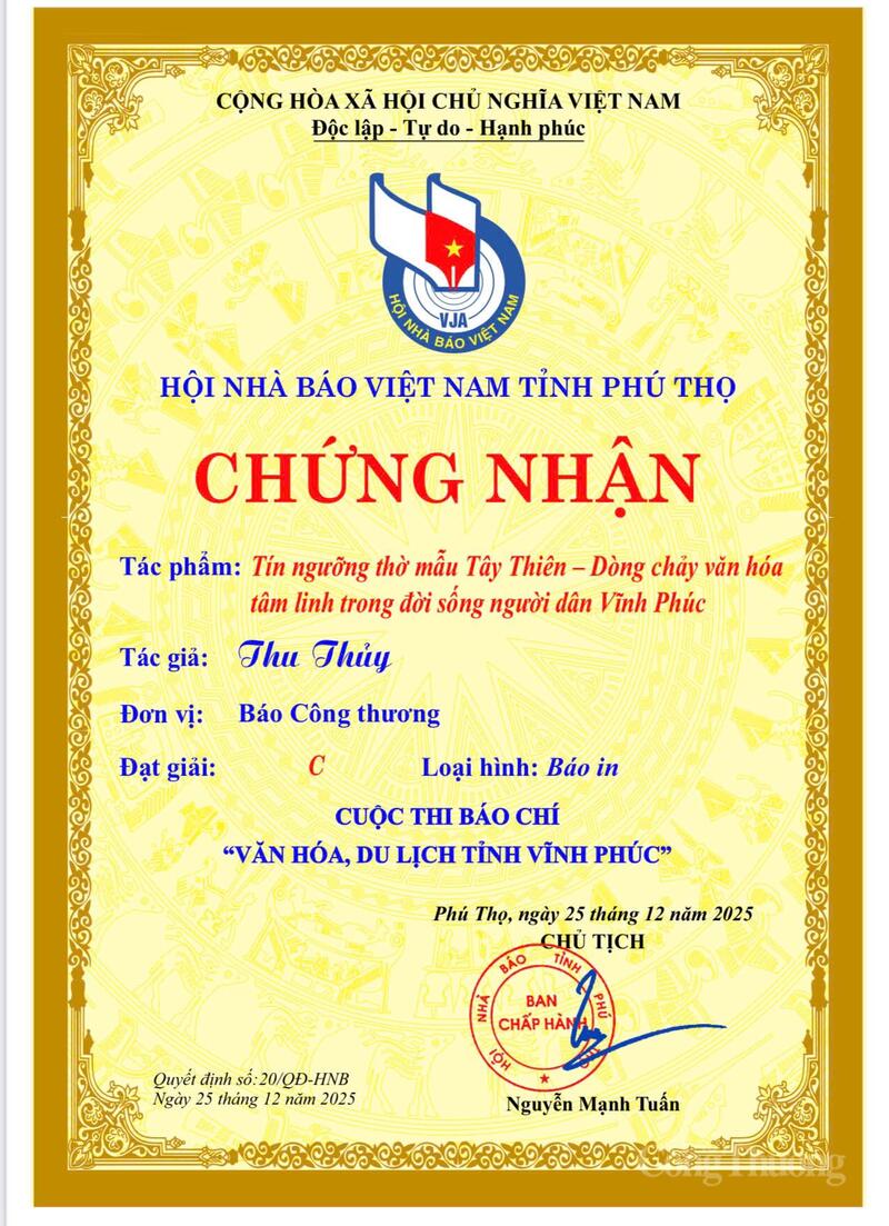 Liên Minh OK VIP Giải Trí Cá Cược World Cup 2026 đạt giải C Cuộc thi báo chí “Văn hóa, OKLVIE sản phẩm thuộc hệ thống OKVIP là trang web tổ chức phát sóng bóng đá trực tiếp, live casino , nỗ hũ, bắn cá tỉnh Phú Thọ” với tác phẩm “Tín ngưỡng thờ Mẫu Tây Thiên – Dòng chảy văn hóa tâm linh trong đời sống người dân Vĩnh Phúc” của tác giả Thu Thủy.
