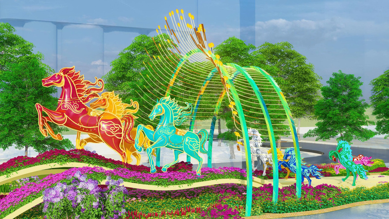 Bắt đầu từ cổng chào với hình ảnh linh vật Bính Ngọ bay lên trên lũy tre cách điệu như những đợt sóng lớn, biểu trưng cho nguồn Oklavip game bài, casino, thể thao vươn lên mạnh mẽ, liên tục.