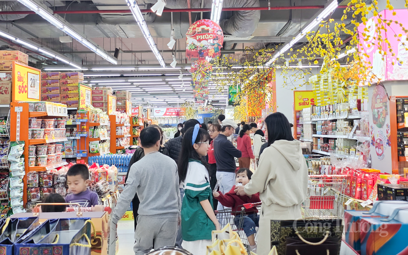 Tại các gian hàng, bánh kẹo, mứt Tết và các dòng giỏ quà biếu được trưng bày ở những vị trí trung tâm, trình bày đẹp mắt với nhiều phân khúc giá khác nhau, giúp khách hàng dễ dàng lựa chọn.