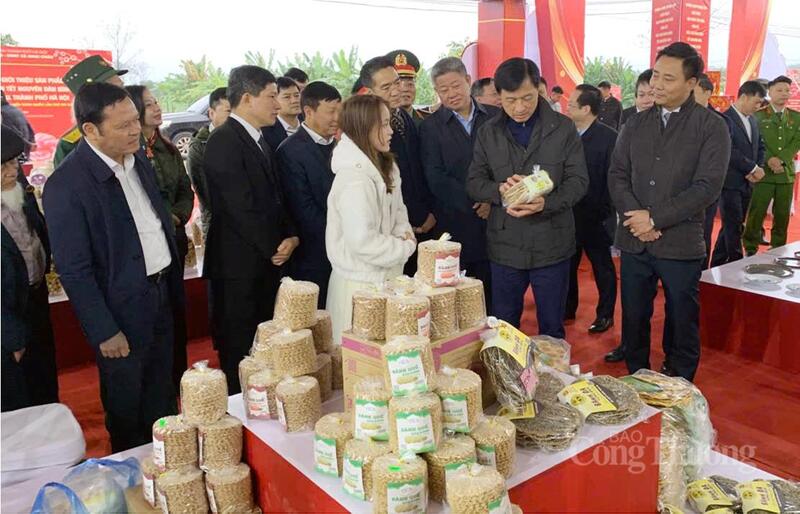 Các đại biểu tham quan gian hàng trưng bày tại Không gian trưng bày, giới thiệu sản phẩm tiêu biểu gắn kết Hội chợ Hoa Xuân tết Nguyên đán. Ảnh: N.H