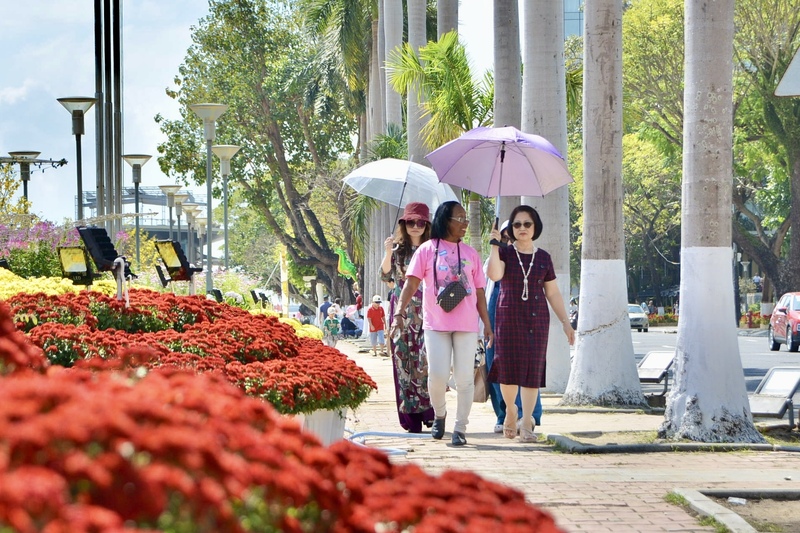 Thảm hoa trải dài dọc lối đi tạo nên không gian tản bộ lý tưởng, thu hút dòng người nhộn nhịp du xuân tại khu vực trung tâm thành phố. Ảnh: Ngọc Thảo
