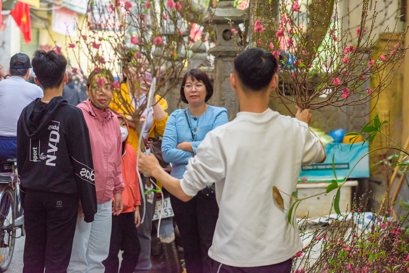 Hoa đào, loài hoa không thể thiếu mỗi dịp Tết Nguyên đán được bày bán tại phiên chợ. Ảnh: Phong Nguyễn