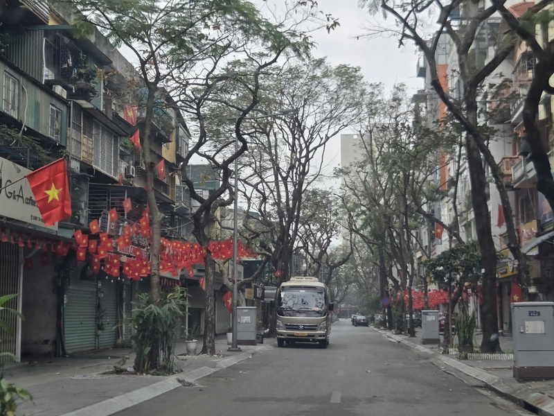 Phố Tô Hiệu rực đỏ cờ Tổ quốc trong sáng mùng một.