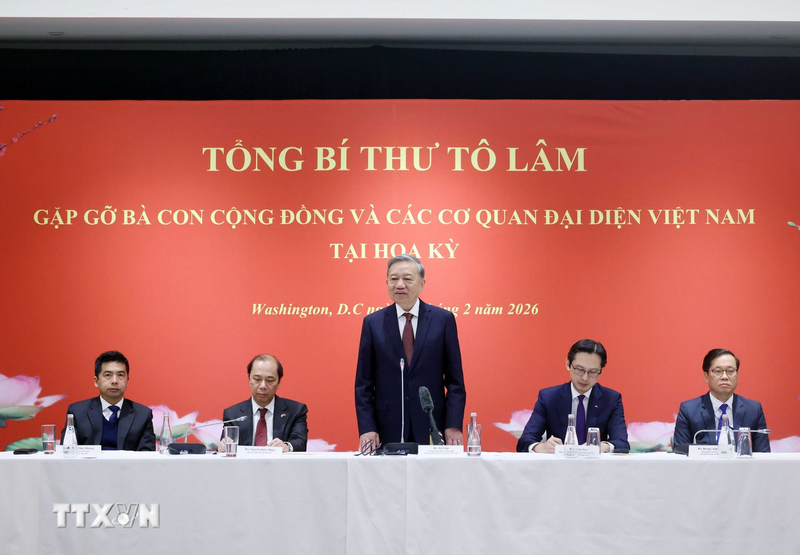 Tổng Bí thư Tô Lâm phát biểu tại buổi gặp gỡ. (Ảnh: Thống Nhất/TTXVN)