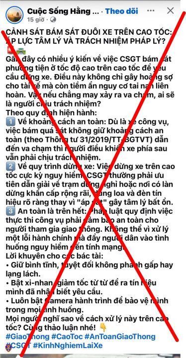 Cục Cảnh sát giao thông cảnh báo “Fake news” về dừng phương tiện để kiểm soát trên cao tốc. Ảnh: Cục Cảnh sát giao thông