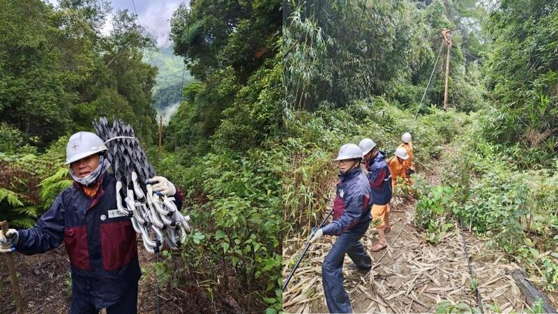 Không quản nắng mưa, các công nhân thợ đường dây (Điện lực Kbang) vẫn miệt mài băng rừng thay đường dây điện cho bà con xã Kon Pne.
