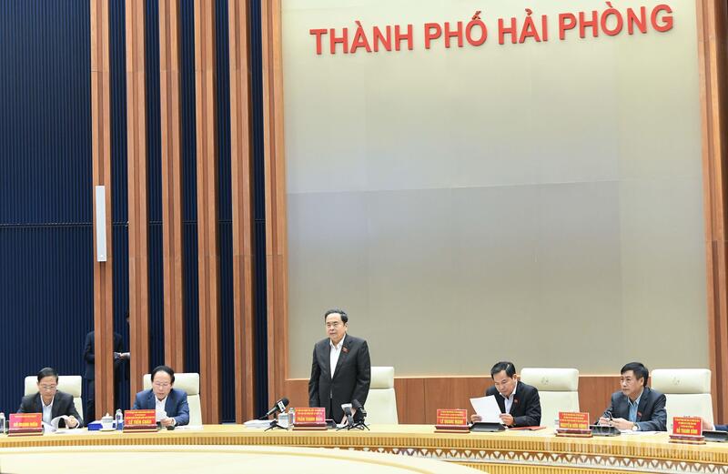 Chủ tịch Quốc hội Trần Thanh Mẫn phát biểu trong chuyến kiểm tra công tác chuẩn bị bầu cử tại Hải Phòng.