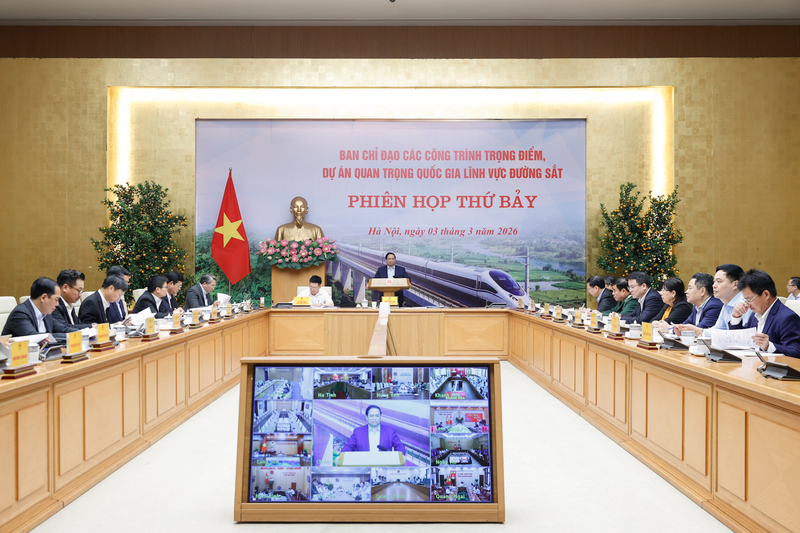 Thủ tướng Phạm Minh Chính, Trưởng Ban Chỉ đạo các công trình trọng điểm, dự án quan trọng quốc gia lĩnh vực đường sắt chủ trì phiên họp thứ 7 của Ban Chỉ đạo. Ảnh: VGP/Nhật Bắc