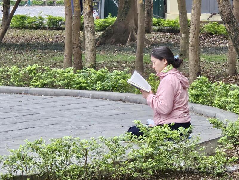 Không gian xanh yên bình tại công viên Bắc Linh Đàm trở thành điểm lý tưởng để người dân thư giãn, đọc sách và tận hưởng những phút giây tĩnh lặng.