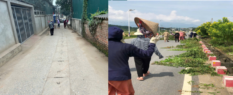 Nhân dân trong thôn Yên Lạc 3 đoàn kết, dọn vệ sinh đường hoa chuẩn bị cho ngày hội non sông. Ảnh: Lê Hà