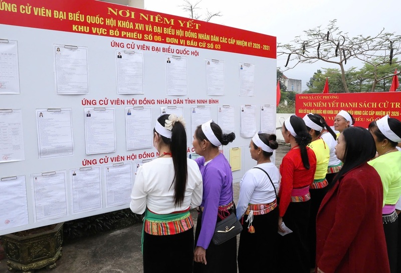 Cử tri nghiên cứu danh sách các ứng cử viên đại biểu Quốc hội và đại biểu Hội đồng nhân dân các cấp tại Tổ bầu cử số 6, xã Cúc Phương. Ảnh: Đức Phương