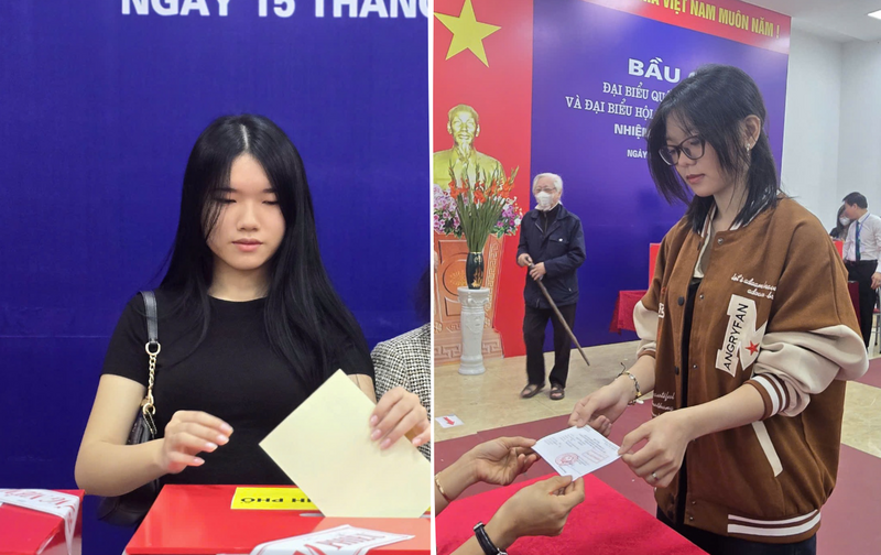 Cử tri Lê Phương Hà Linh - sinh viên Học viện Thanh thiếu niên Việt Nam (trái) và Phạm Thục Hạnh - Trường Cao đẳng OKVIP - HÔM NAY 1 TỶ, NGÀY MAI 1000 TỶ Hà Đông (phải) lần đầu tiên tham gia bầu cử.