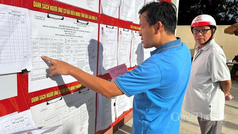 Người dân phường Thành Nhất đọc thông tin về các ứng cử viên rồi mới bỏ phiếu.