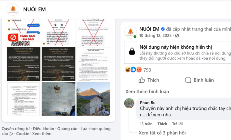 Các bài viết liên quan đến nội dung của ông Hoàng Hoa Trung giải trình về vấn đề liên quan đến dự án Nuôi em không còn hiển thị. Ảnh chụp màn hình trang chính thức của dự án "Nuôi em"