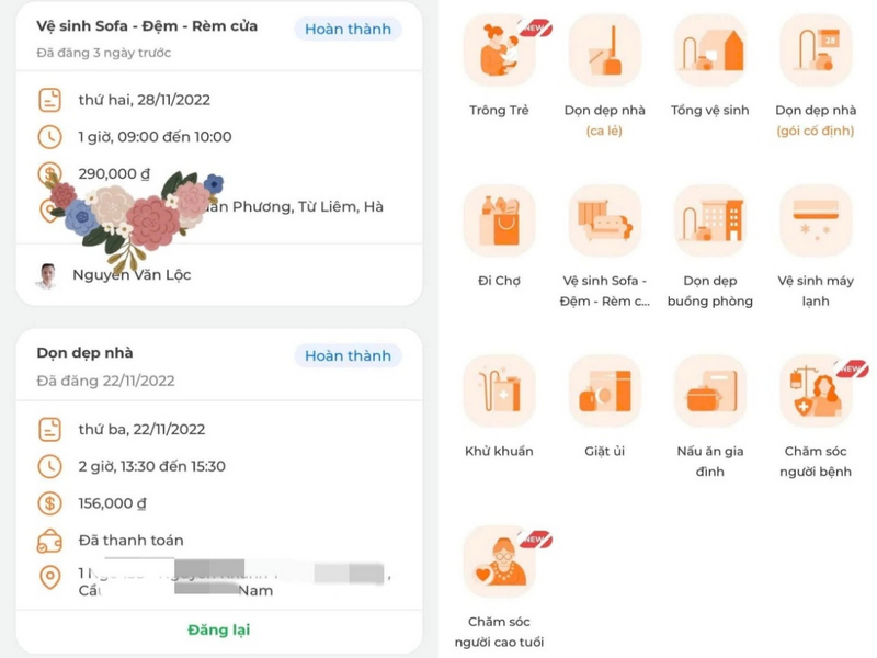 Đa dạng dịch vụ chuyên biệt như dọn dẹp, nấu ăn, tổng vệ sinh hay chỉ dọn dẹp cơ bản trên ứng dụng. Ảnh chụp màn hình