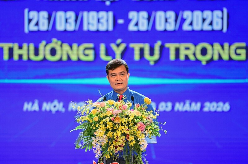 Bí thư Thứ nhất Trung ương Đoàn Thanh niên Cộng sản Hồ Chí Minh Bùi Quang Huy phát biểu tại lễ kỷ niệm - Ảnh: Xuân Tùng