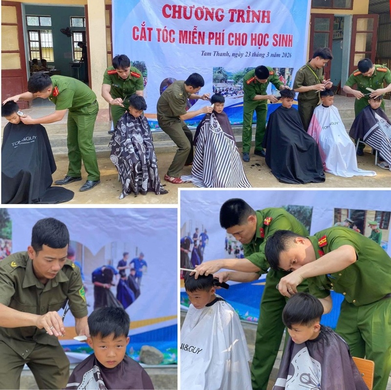 Tuổi trẻ Công an xã Tam Thanh cắt tóc miễn phí, lan toả yêu thương. Ảnh: Công an Thanh Hóa