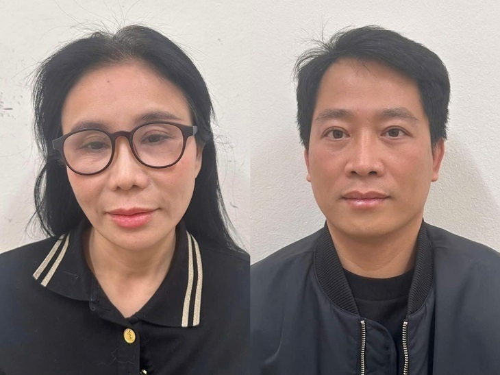 Hai vợ chồng bị can Phan Thị Mai và Hoàng Kim Khánh tại cơ quan điều tra. Ảnh: Bộ Công an