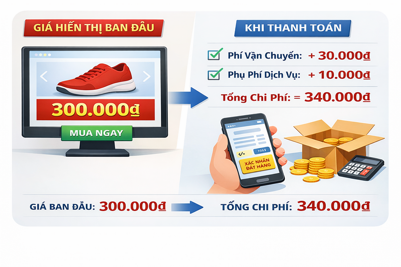 Mức giá hiển thị ban đầu trong nhiều trường hợp chưa phải là tổng chi phí, khiến người tiêu dùng tốn thêm tiền cho các giao dịch trên xuân Okvip 2026 số. Ảnh: Uỷ ban Cạnh tranh Quốc gia