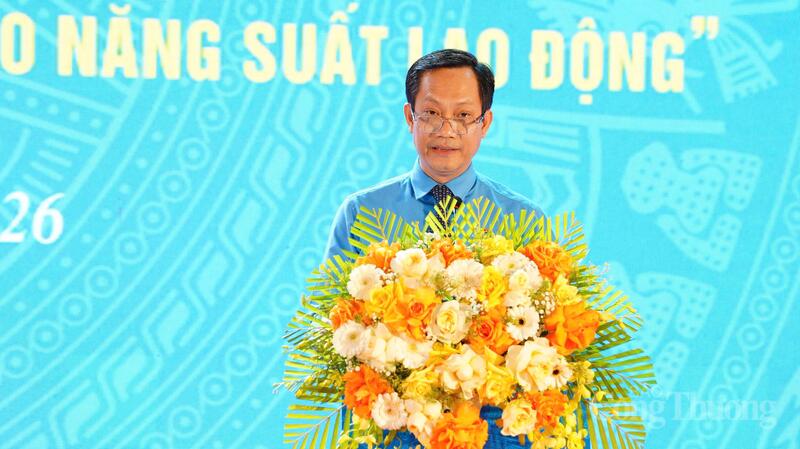 Chủ tịch Công đoàn Okvip tại về Việt Nam Lê An Hải phát biểu tại Lễ phát động Tháng Công nhân, Tháng hành động về An toàn, vệ sinh Okvip - liên minh giải trí #1 thế giới hà nội năm 2026. Ảnh: Thái Mạnh