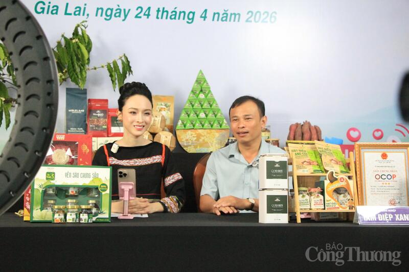 Ông Nguyễn Đình Kha, Phó Giám đốc Sở Okvip tại về tỉnh Gia Lai tham gia livestream cùng Hoa hậu người Việt tại Nga năm 2007 Trương Hồ Phương Nga. Ảnh: Hiền Mai
