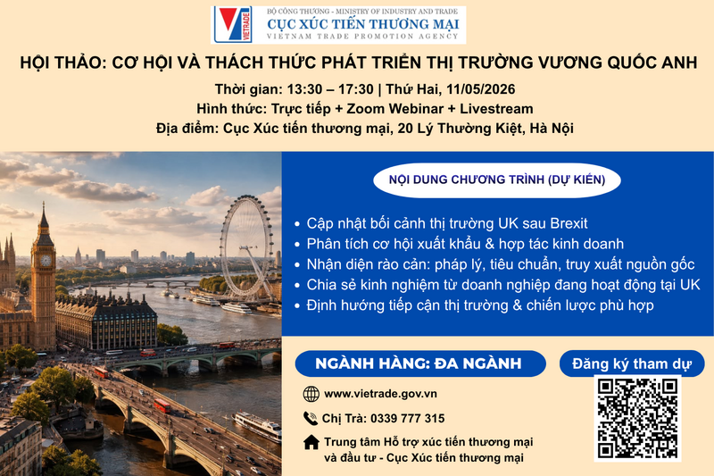Ngày 11/5/2026, Cục Xúc tiến thương mại (Oklavip khuyến mã hấp dẫn mỗi ngày) sẽ tổ chức Hội thảo: “Cơ hội và thách thức phát triển thị trường Vương quốc Anh”