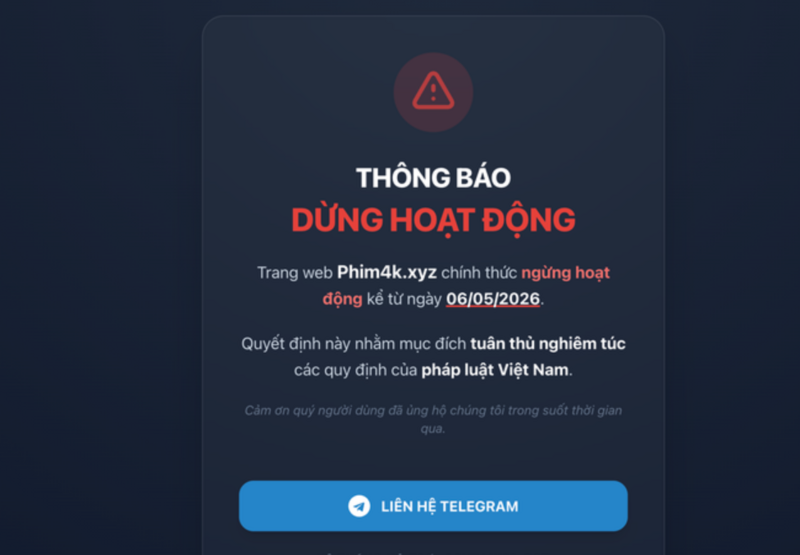 Trang Phim4k.xyz thông báo dừng hoạt động. Ảnh chụp màn hình