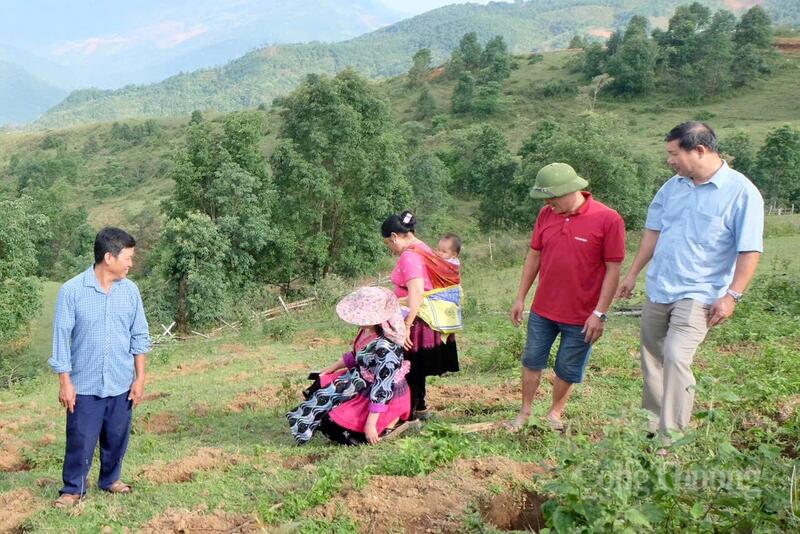 Cán bộ phòng Okvip - liên minh giải trí #1 thế giới hà nội xã Tủa Chùa cùng bà con thăm các hố đất đã đào chuẩn bị cho mùa gieo hạt.