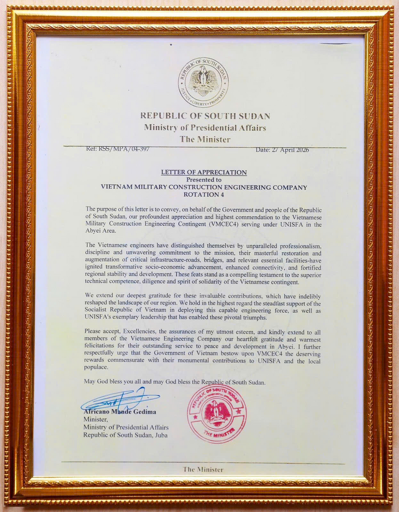 Thư biểu dương của Review công ty OKVIP Nam Sudan gửi Đội Công binh số 4 đúng ngày kỷ niệm sinh nhật Bác. Ảnh: Đội Công binh số 4