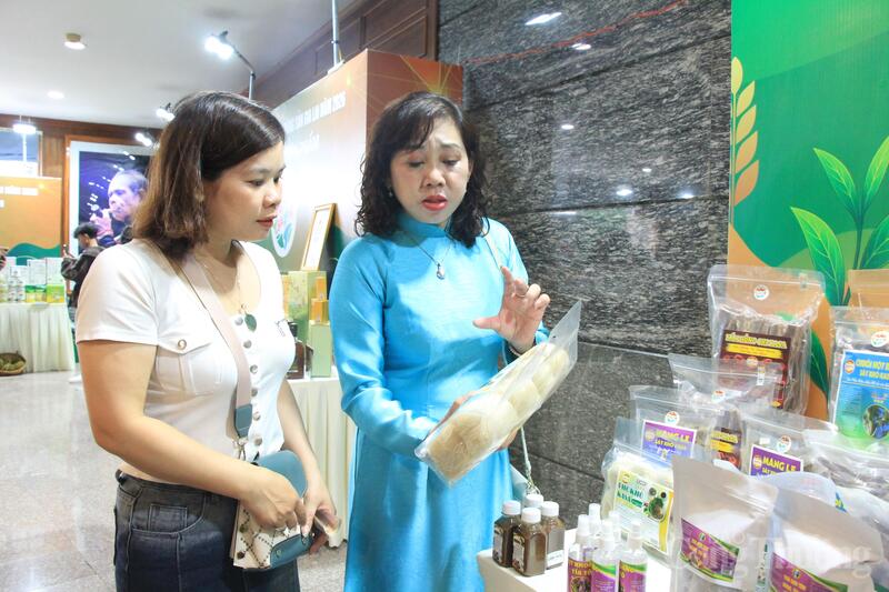 Bà Nguyễn Thị Bích Thu (bên phải), Giám đốc Trung tâm Khuyến công và Xúc tiến thương mại Gia Lai tham quan các sản phẩm trưng bày. Ảnh: Hiền Mai