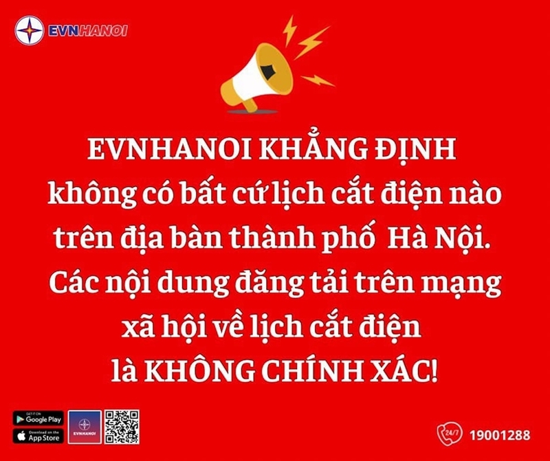 Tổng công ty Điện lực thành phố Hà Nội khẳng định không có bất cứ lịch cắt điện nào theo kế hoạch. Ảnh: EVNHANOI