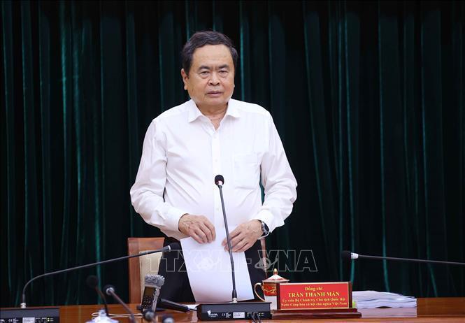 Chủ tịch Quốc hội Trần Thanh Mẫn, Trưởng Đoàn kiểm tra, giám sát số 11 phát biểu. Ảnh: Văn Điệp/TTXVN.