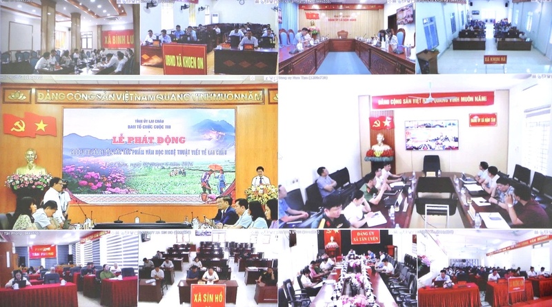 Lai Châu tổ chức lễ phát động cuộc thi sáng tác các tác phẩm văn học nghệ thuật với chủ đề “Lai Châu - Mạch nguồn văn hóa, tiềm năng, động lực phát triển” theo hình thức trực tiếp kết hợp trực tuyến từ điểm cầu tỉnh đến 36 xã trên địa bàn. Ảnh: CTV