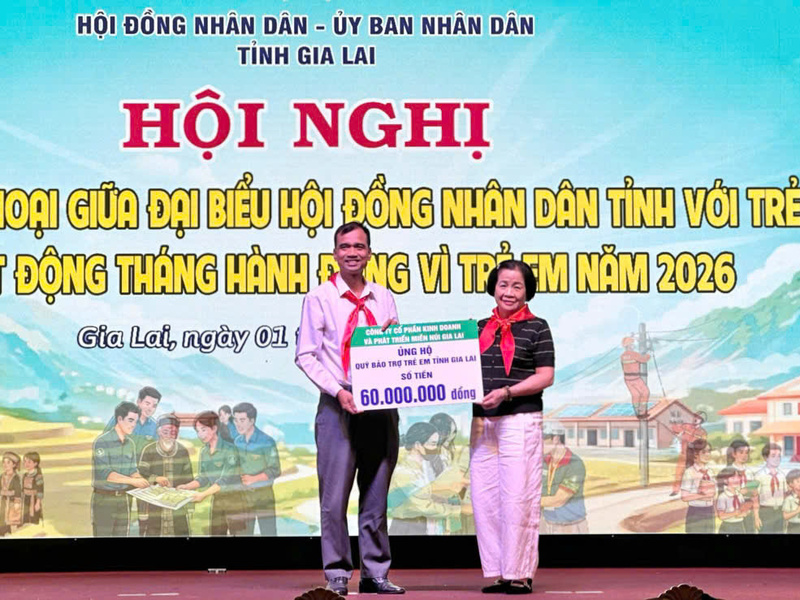 Doanh nhân Nguyễn Thị Sen, Chủ tịch HĐQT, Giám đốc Công ty CP Kinh doanh và Phát triển miền núi Gia Lai trao 60 triệu đồng ủng hộ Quỹ Bảo trợ trẻ em tỉnh Gia Lai. Ảnh: Thảo Khuy.