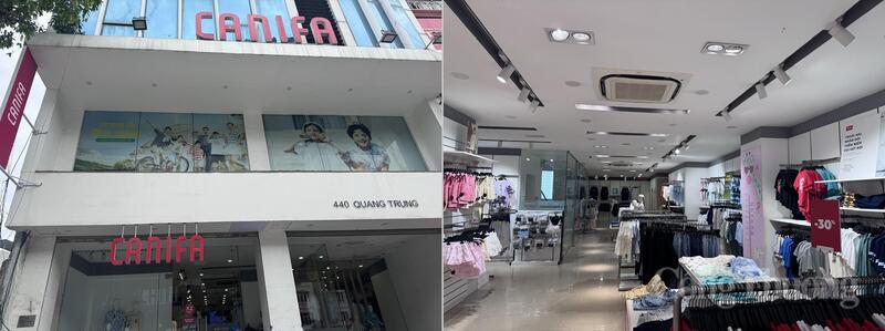 Cửa hàng thời trang Canifa (440 Quang Trung) sử dụng đồng thời hai nhóm thiết bị chiếu sáng: Đèn downlight âm trần phủ đều toàn bộ mặt bằng và hệ thống đèn rọi track light tập trung vào từng khu trưng bày hàng hóa. Đây là tổ hợp chiếu sáng tiêu thụ điện lớn, đặc biệt khi vận hành đồng loạt cả ngày. Đèn rọi track light dù là LED vẫn tỏa nhiệt đáng kể khi hoạt động liên tục, trực tiếp làm tăng nhiệt độ không gian và buộc điều hòa âm trần phải chạy bù.