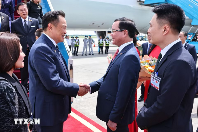 Ủy viên Trung ương Đảng, Bộ trưởng Dân tộc và Tôn giáo Nguyễn Đình Khang đón Thủ tướng Vương quốc Thái Lan Anutin Charnvirakul tại sân bay quốc tế Nội Bài (Hà Nội) - Ảnh: TTXVN
