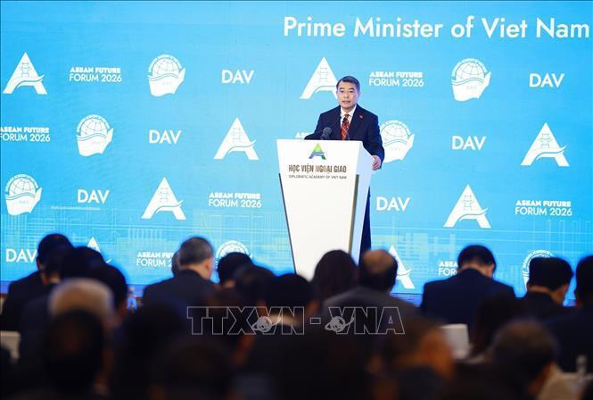Thủ tướng Lê Minh Hưng phát biểu tại Phiên khai mạc Diễn đàn Tương lai ASEAN lần thứ ba. Ảnh: Dương Giang/TTXVN