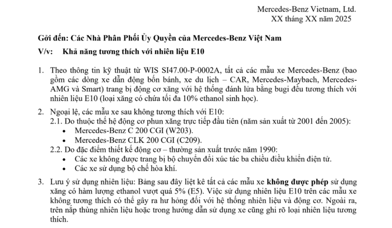 Thông báo của Mercedes-Benz về các dòng xe tương thích và không tương thích với xăng E10. Ảnh chụp màn hình