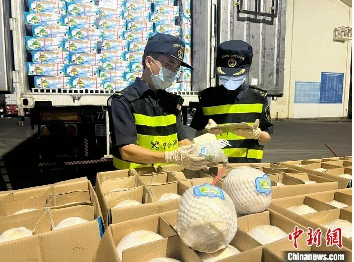 Nhân viên hải quan ở Hà Khẩu, Vân Nam, Trung Quốc kiểm tra lô dừa tươi nhập khẩu đầu tiên của Việt Nam. Ảnh: Chinanews Nhân viên hải quan ở Hà Khẩu, Vân Nam, Trung Quốc kiểm tra lô dừa tươi nhập khẩu đầu tiên của Việt Nam. Ảnh: Chinanews
